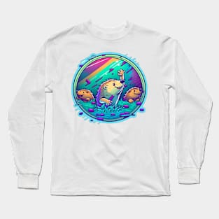 Cheeky Beavers Retrowave Neon Cartoon Long Sleeve T-Shirt